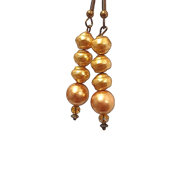 Gold Pearls 1.5" Dangle Earrings Faux REALISTIC Elegant w Svorovswky Crystals - Picture 6 of 10